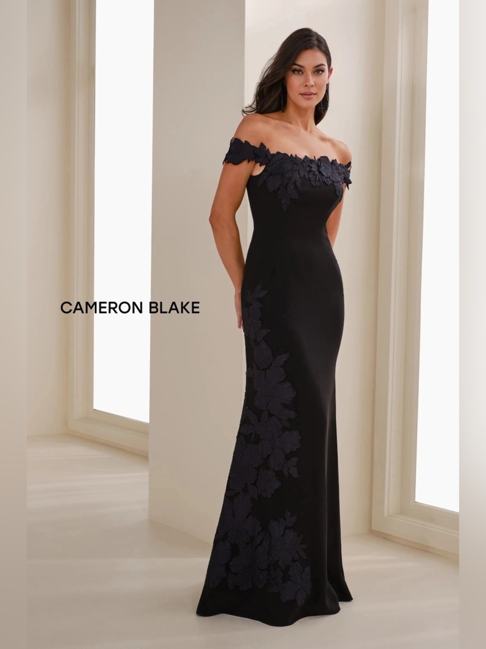 Off-Shoulder Black Floral Appliqué Evening Gown